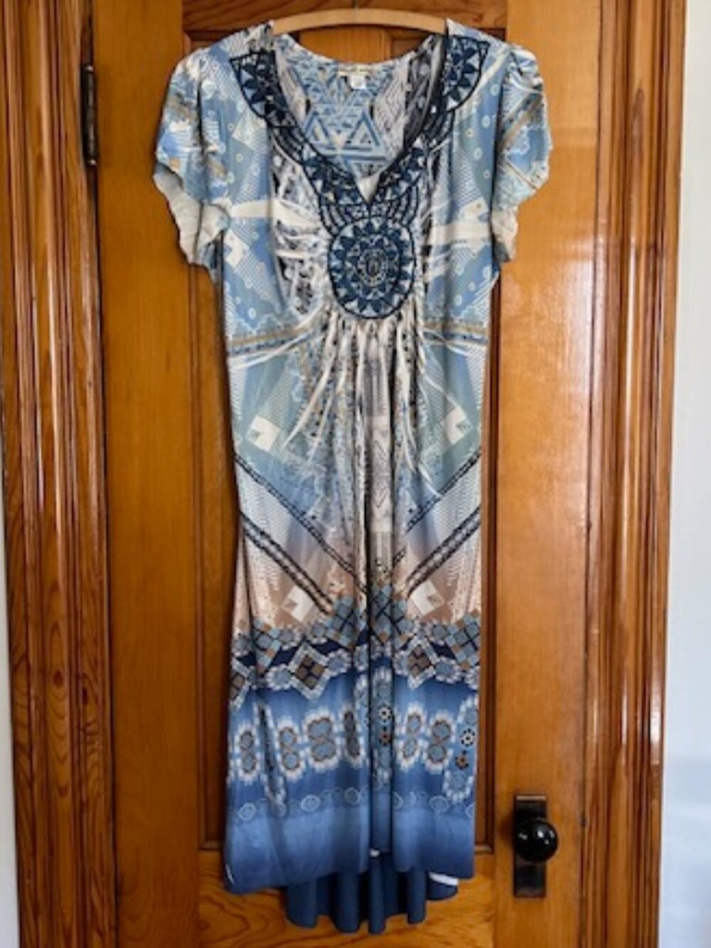 World Unity Women Short SLV Aztec Boho Embroider Blue Geometric Shift Dress XL - Picture 6 of 11